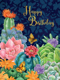 Vibrant greeting card front featuring 'Happy Birthday' in gold script, surrounded by colorful succulents, flowering cacti, and golden butterflies on a deep navy background.
