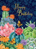 Vibrant greeting card front featuring 'Happy Birthday' in gold script, surrounded by colorful succulents, flowering cacti, and golden butterflies on a deep navy background.