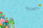 Inside of a greeting card with a light blue floral pattern, featuring the message 'Wishing a very special day to very special you' in elegant script, with colorful succulents and butterflies in the bottom left corner.