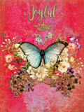 Vibrant red greeting card front featuring a prominent blue butterfly surrounded by intricate gold floral patterns and lush white and purple flowers, with the word 'Joyful' scripted at the top and a subtle crown.