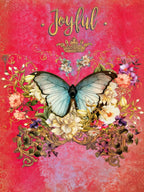 Vibrant red greeting card front featuring a prominent blue butterfly surrounded by intricate gold floral patterns and lush white and purple flowers, with the word 'Joyful' scripted at the top and a subtle crown.