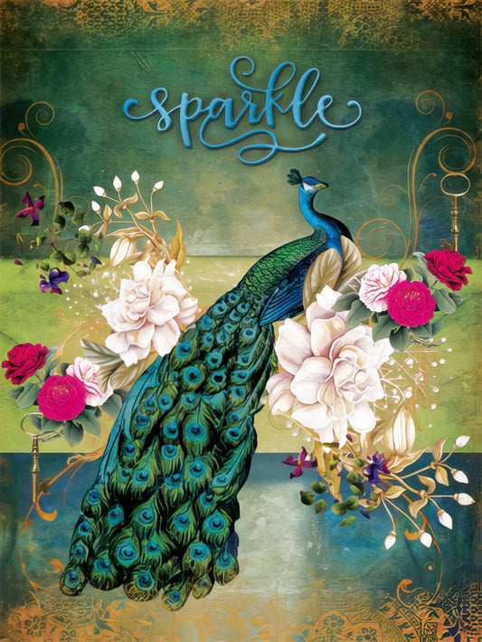 Elegant peacock greeting card with white and pink roses, gold accents, and 'sparkle' text on a teal and green background.
