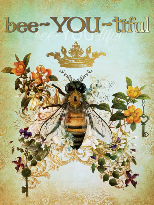 Front of a vintage greeting card with 'bee-YOU-tiful' text, a queen bee wearing a golden crown, and lush orange and purple flowers.