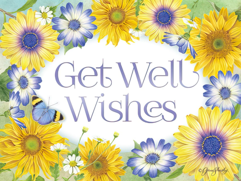 Front of a vibrant floral greeting card featuring yellow sunflowers, blue daisies, white flowers, and blue butterflies surrounding 'Get Well Wishes' text, symbolizing hope and healing.