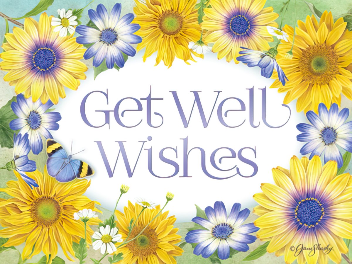 Front of a vibrant floral greeting card featuring yellow sunflowers, blue daisies, white flowers, and blue butterflies surrounding 'Get Well Wishes' text, symbolizing hope and healing.