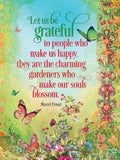 Colorful greeting card with butterflies and vibrant floral borders. Features a quote by Marcel Proust: "Let us be grateful to people who make us happy, they are the charming gardeners who make our souls blossom."