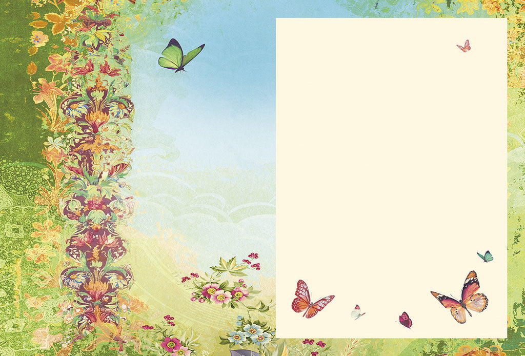Blank greeting card interior with a light cream background, featuring elegant floral borders and several flying butterflies, ready for a personalized message.