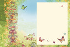 Blank greeting card interior with a light cream background, featuring elegant floral borders and several flying butterflies, ready for a personalized message.