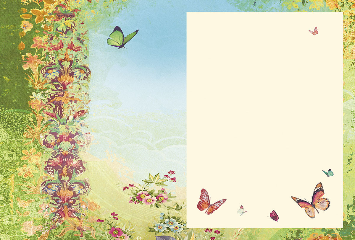 Blank greeting card interior with a light cream background, featuring elegant floral borders and several flying butterflies, ready for a personalized message.