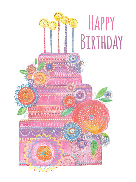 Happy Birthday greeting card with a whimsical, multi-tiered floral cake design in pinks, purples, and oranges, topped with candles.