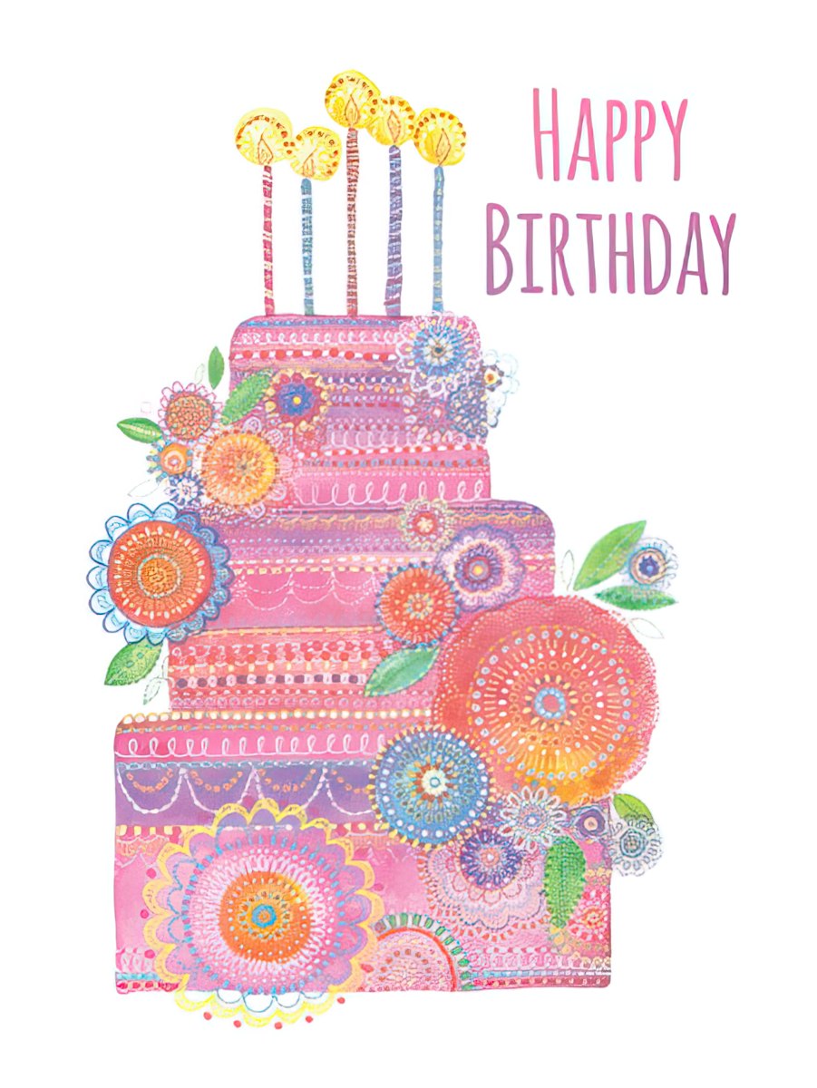 Front of a vibrant, multi-tiered birthday cake greeting card adorned with colorful intricate floral patterns and lit candles, with 'HAPPY BIRTHDAY' text.