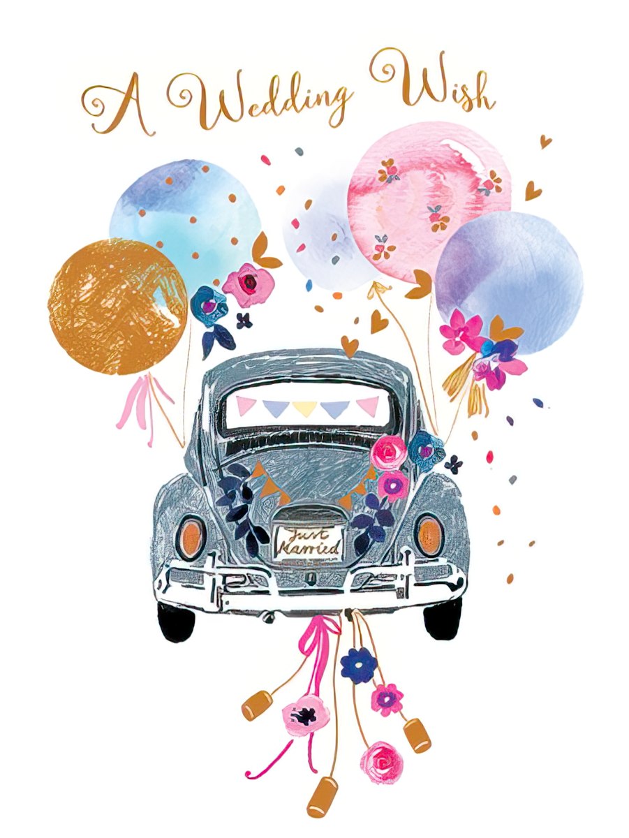 Front of a 'Just Married' wedding card featuring an illustrated vintage bug car, colorful balloons, and floral decorations with gold text.