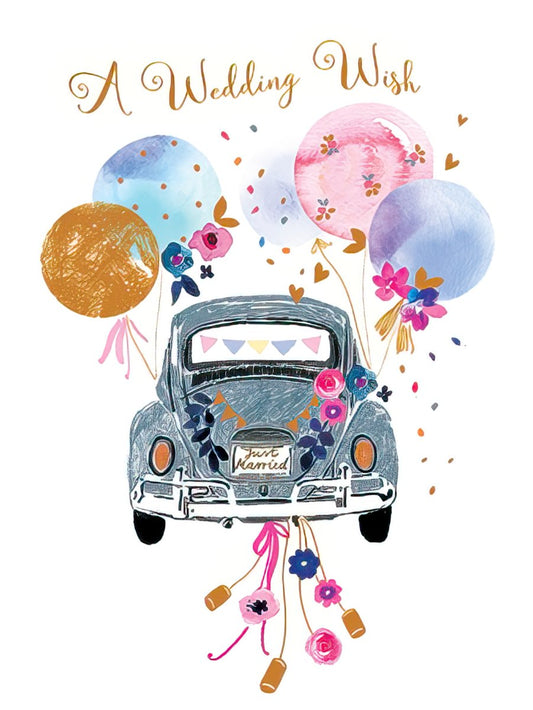 Front of a 'Just Married' wedding card featuring an illustrated vintage bug car, colorful balloons, and floral decorations with gold text.