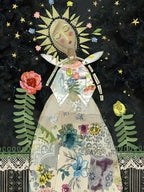 Artistic mixed-media greeting card featuring a serene goddess-like figure with floral dress, sun halo, and celestial elements, perfect for celebrating her special day.