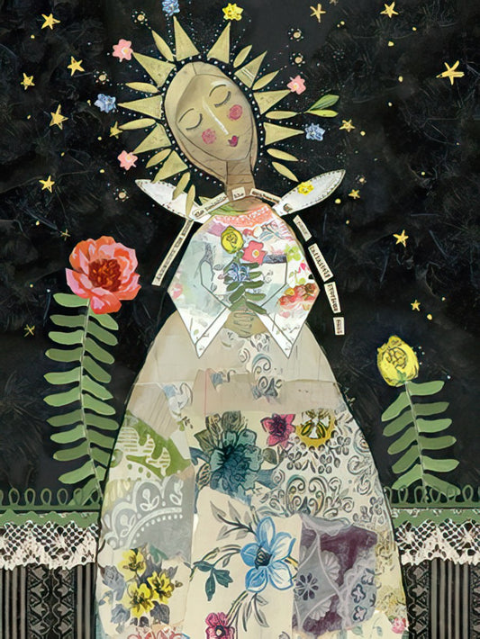 Artistic birthday greeting card cover featuring a collage of a serene woman, stars, and flowers, expressing love and celebration.