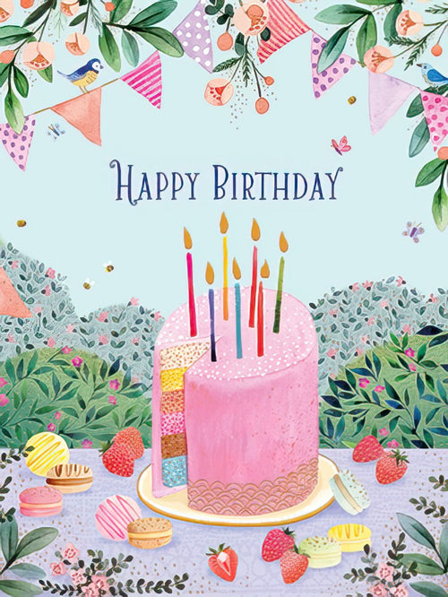 Watercolor illustration of a cheerful greeting card featuring a pink multi-layered cake with candles, strawberries, macarons, and colorful floral bunting with birds and butterflies, celebrating a special day.
