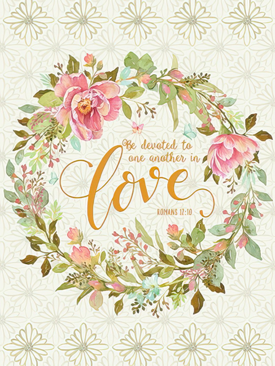 Elegant religious wedding greeting card front with a lush floral wreath of pink peonies, coral blossoms, and green leaves, adorned with delicate butterflies, surrounding a gold script of 'Be devoted to one another in love Romans 12:10' on a cream background with a subtle patterned border. Perfect for Christian couples.