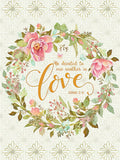 Elegant religious wedding greeting card front with a lush floral wreath of pink peonies, coral blossoms, and green leaves, adorned with delicate butterflies, surrounding a gold script of 'Be devoted to one another in love Romans 12:10' on a cream background with a subtle patterned border. Perfect for Christian couples.