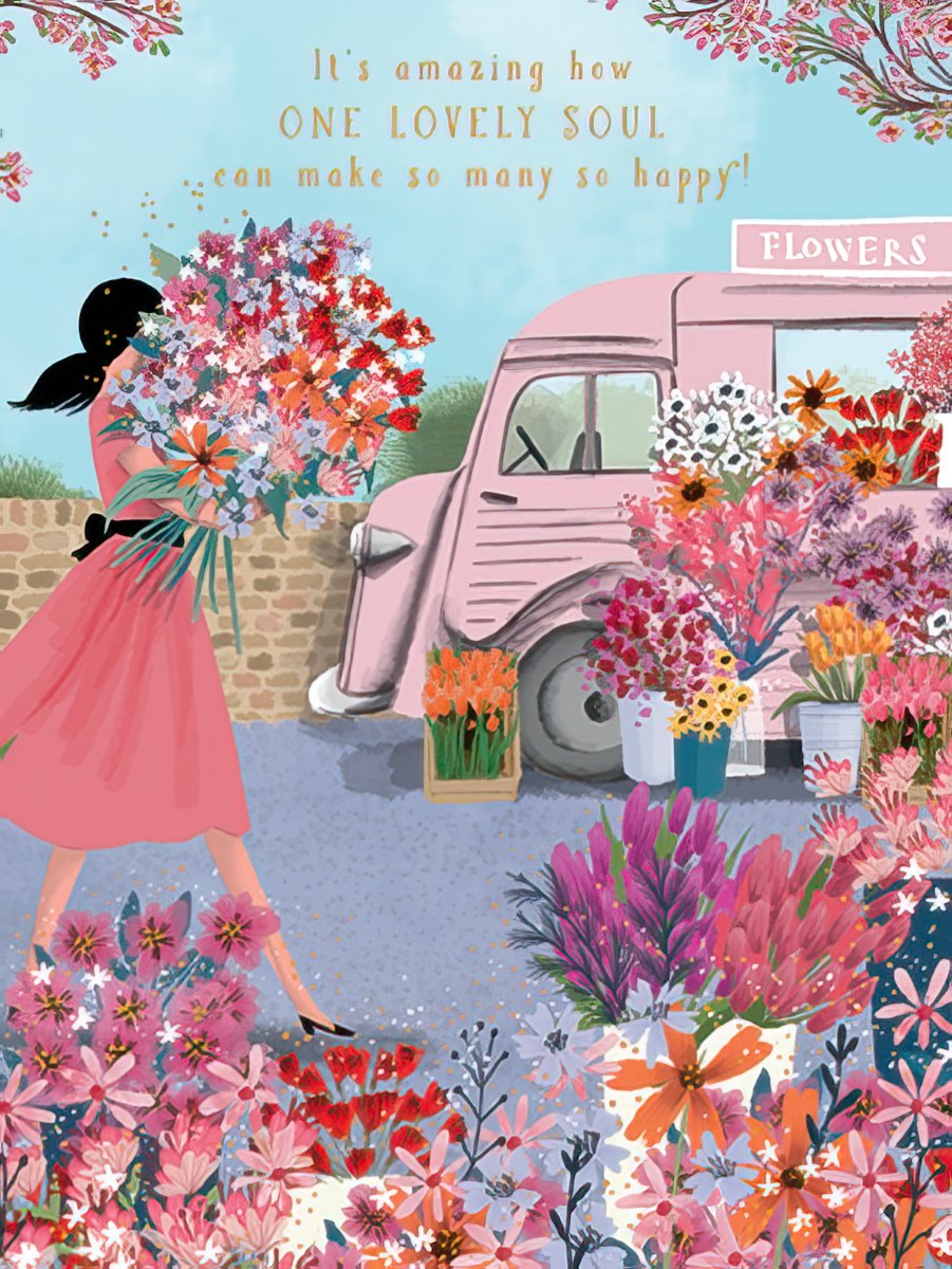 Woman with large floral bouquet walks past a pink flower truck filled with vibrant blossoms and gold flecks. Front of a birthday card.