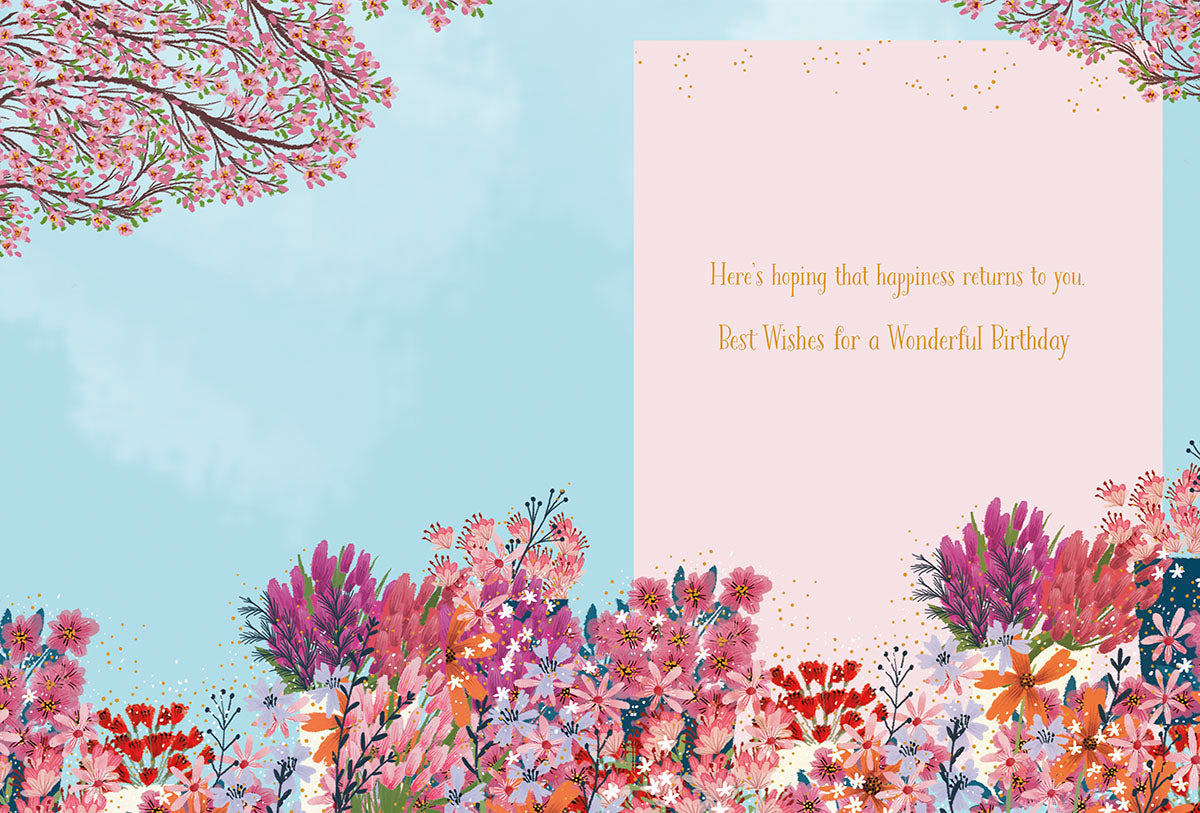 Inside a floral greeting card with a light blue sky and blooming flowers, featuring the message 'Best Wishes for a Wonderful Birthday'.