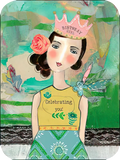 Whimsical birthday card for her, featuring an artistic illustration of a woman wearing a pink 'BIRTHDAY GIRL' crown, a rose in her hair, and a vibrant patterned dress, against an abstract green and blue background.
