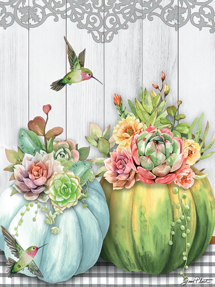 Watercolor illustration of two pastel pumpkins overflowing with lush succulent arrangements and colorful flowers. Two hummingbirds with green and pink feathers hover nearby against a rustic white wood panel background with a grey lace border and gingham pattern base. Ideal for a heartfelt greeting card.