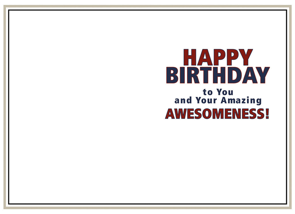 Inside of a white birthday greeting card featuring a winking puppy. The text reads 'HAPPY BIRTHDAY to You and Your Amazing AWESOMENESS!' in bold red and blue letters, with ample space for a personal message.