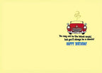 Inside of a funny birthday card for him, showing a small red car and the message 'You may not be the latest model. but you'll always be a classic! HAPPY BIRTHDAY' on a yellow background.