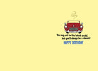 Inside of a funny birthday card displaying a small red classic car and the message: "You may not be the latest model, but you'll always be a classic! HAPPY BIRTHDAY." Perfect for older friends or family.