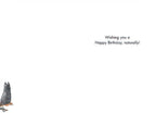 Inside of a white funny birthday greeting card with the message 'Wishing you a Happy Birthday, naturally!' printed in the center. A small portion of a grey cat's tail is visible in the bottom left corner.
