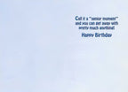Inside of a funny birthday greeting card with blue sky background and text 'Call it a "senior moment" and you can get away with pretty much anything! Happy Birthday.'