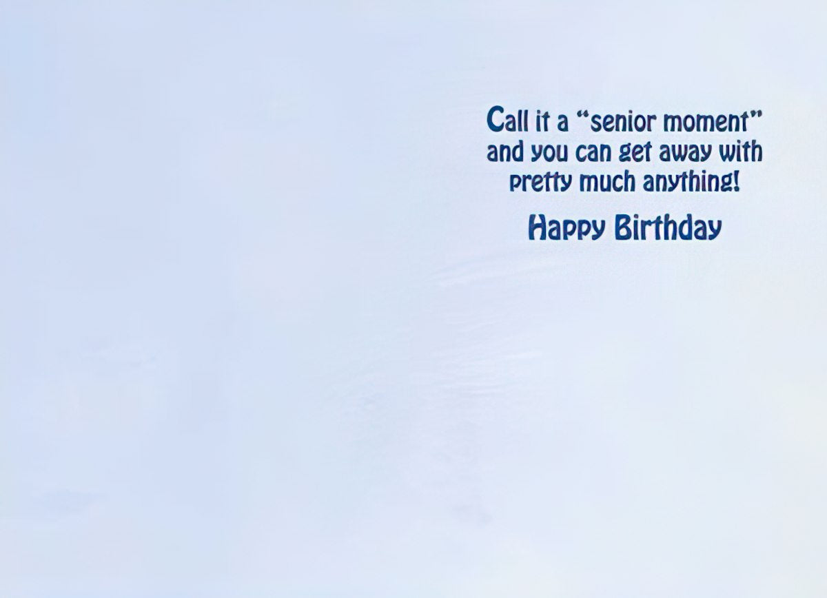 Inside of a funny birthday greeting card with blue sky background and text 'Call it a "senior moment" and you can get away with pretty much anything! Happy Birthday.'