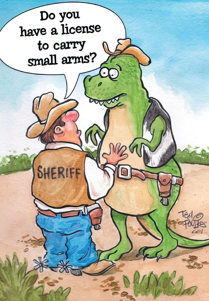 Funny birthday greeting card featuring a sheriff questioning a T-Rex about 'small arms' in a desert setting, perfect for humor lovers.