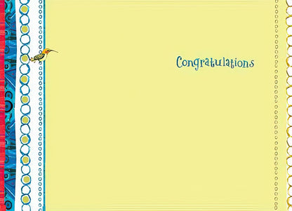 Inside of a bright yellow graduation greeting card with 'Congratulations' and a decorative border on the left.