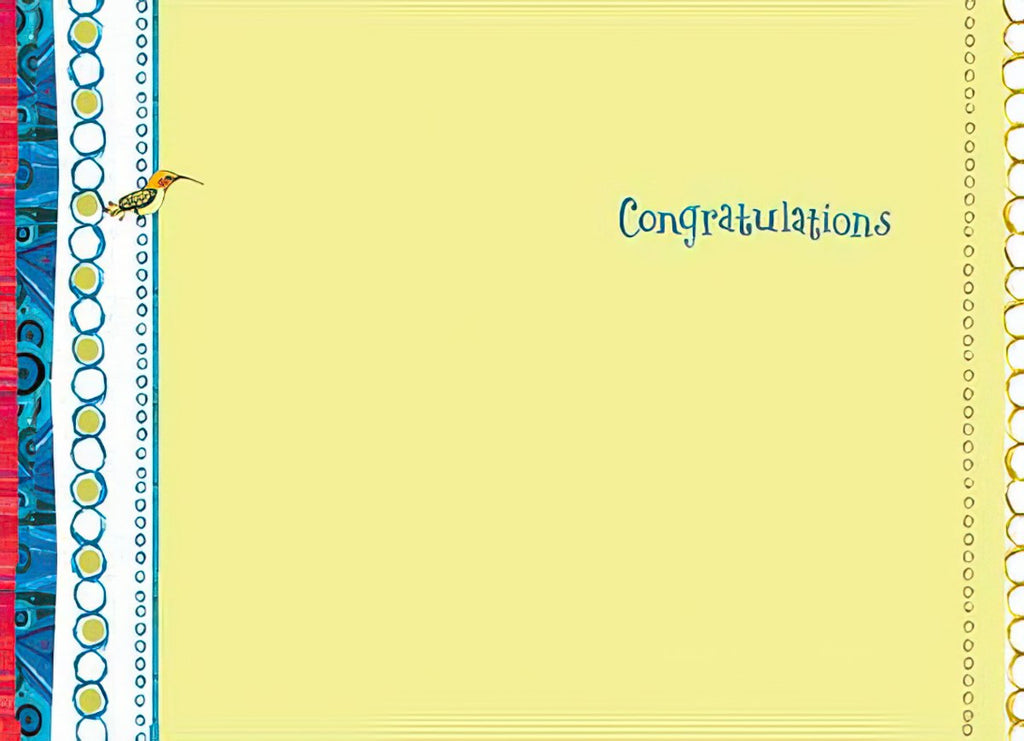 Inside of a congratulatory graduation card featuring a pale yellow background, decorative blue and red patterned borders on the left and right, and the word 'Congratulations' in elegant blue script.