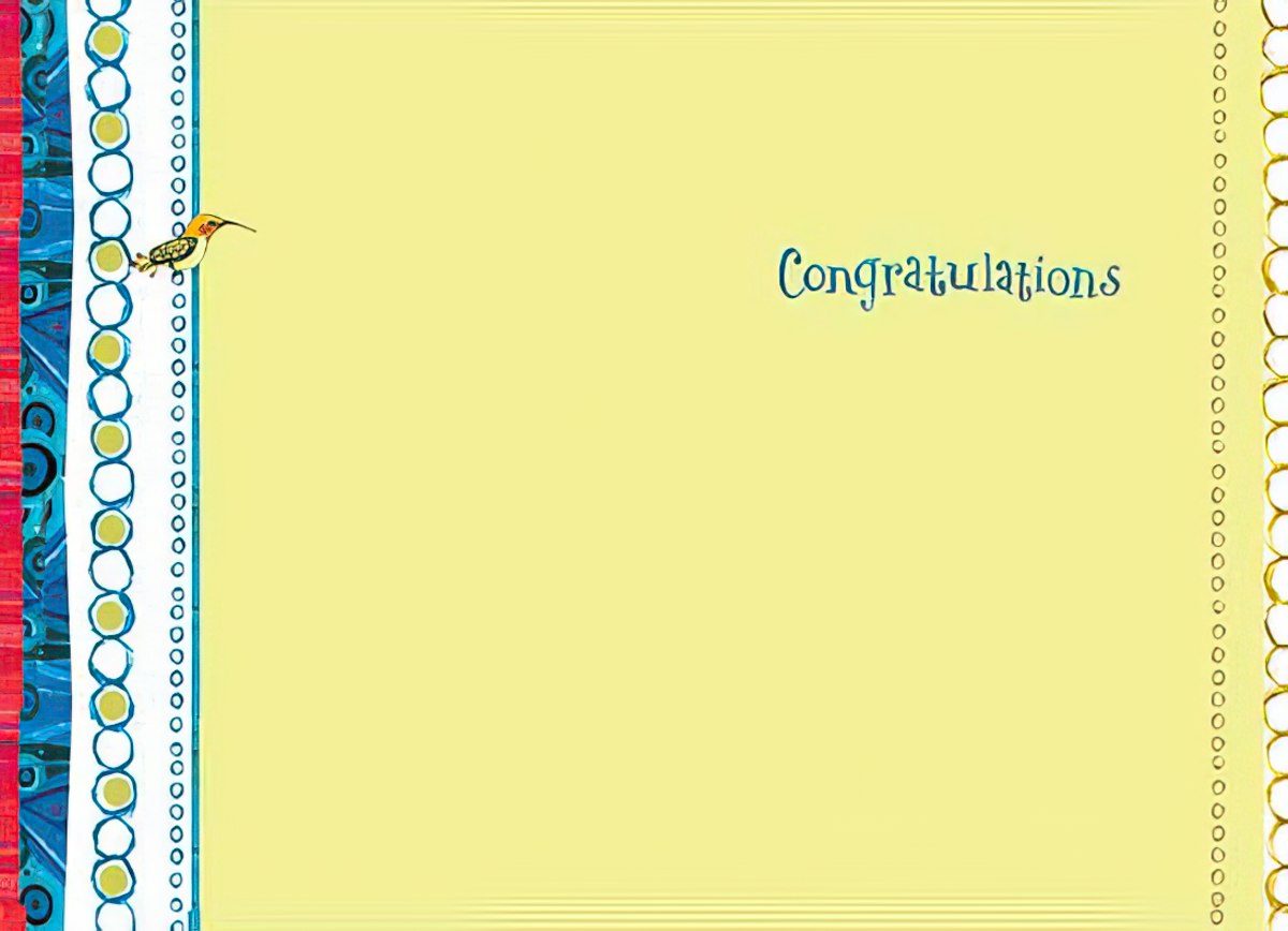 Inside of a congratulatory graduation card featuring a pale yellow background, decorative blue and red patterned borders on the left and right, and the word 'Congratulations' in elegant blue script.