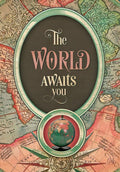 Elegant vintage map design graduation card featuring an oval frame with the inspiring message 'The World Awaits You' and a small ornamental globe, ideal for celebrating a new journey.