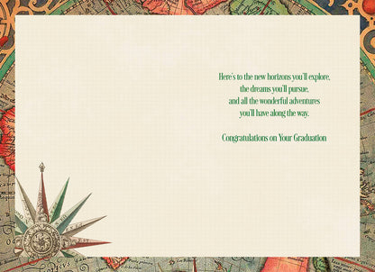 Inside of the graduation card with a vintage map background and text: 'Congratulations on Your Graduation'.