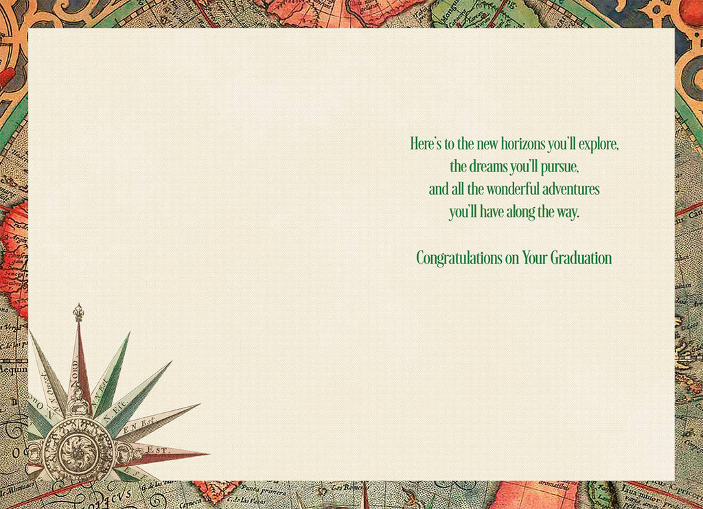 Interior view of an adventure-themed well wishes card for a graduate, showcasing a printed message about new horizons and dreams, accented by a subtle compass rose.