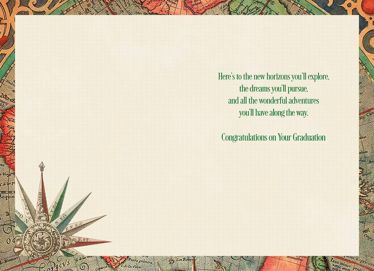 Interior view of an adventure-themed well wishes card for a graduate, showcasing a printed message about new horizons and dreams, accented by a subtle compass rose.