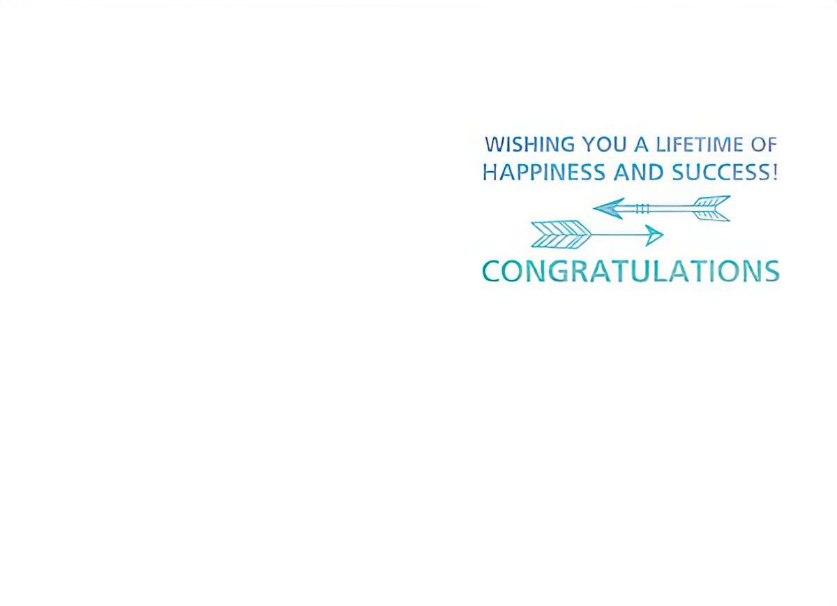 Inside of a white greeting card with blue text 'WISHING YOU A LIFETIME OF HAPPINESS AND SUCCESS!' and 'CONGRATULATIONS'.