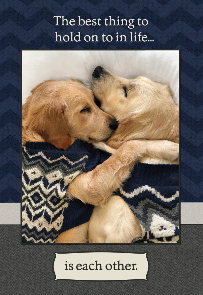 Adorable golden retriever puppies cuddling closely under a patterned blanket, with text 'The best thing to hold on to in life... is each other.' Perfect romantic anniversary card for spouse.