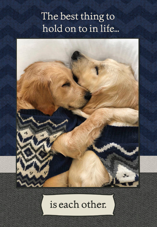 Anniversary card front: Two Golden Retriever dogs in sweaters snuggling, with the text 'The best thing to hold on to in life... is each other.'