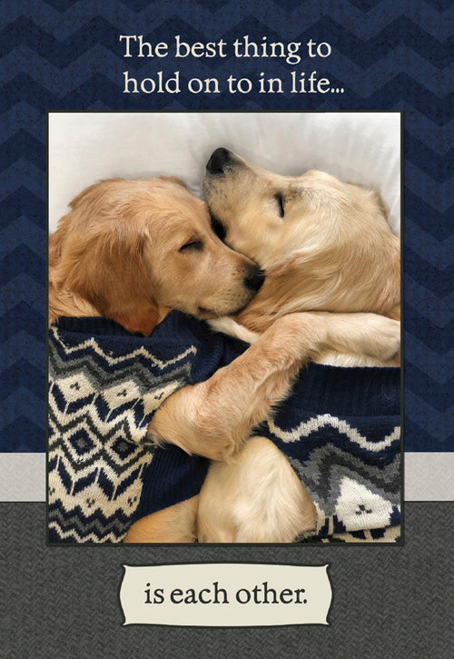 Heartwarming anniversary greeting card featuring two golden retriever puppies snuggled together under a cozy blanket, wearing matching blue and white patterned sweaters, with the romantic message 'The best thing to hold on to in life... is each other.' Perfect for a spouse or partner who loves dogs.