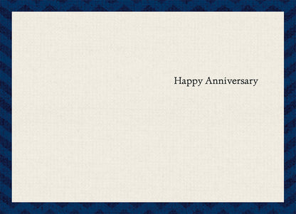 Anniversary card inside: Simple white background with 'Happy Anniversary' text and a blue patterned border.
