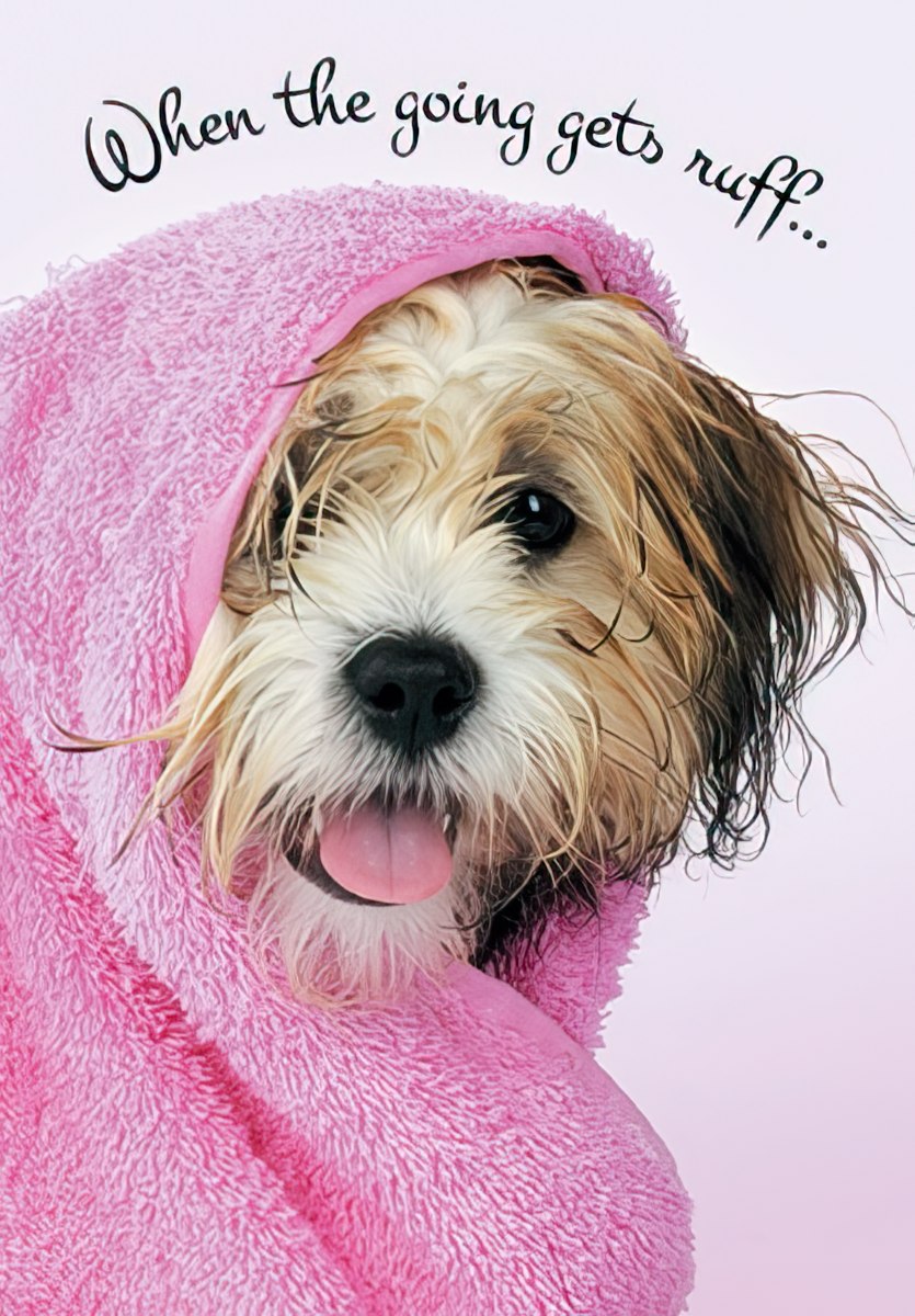 Adorable shaggy brown and white puppy dog wrapped snugly in a soft pink towel, with its tongue slightly out, against a light pink background. Text reads 'When the going gets ruff...'. Perfect for a sympathy or support card.