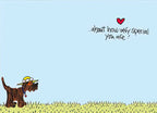 Inside of a thoughtful greeting card featuring a small cartoon scruffy brown dog in a hat looking up from green grass. Light blue background with text '...about how very special You are!' and a small red heart above the text.