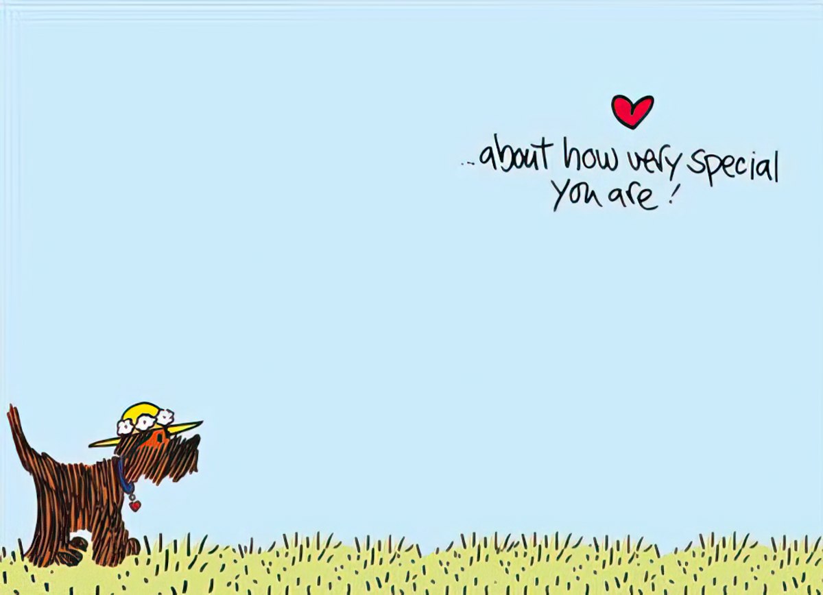 Inside of a thoughtful greeting card featuring a small cartoon scruffy brown dog in a hat looking up from green grass. Light blue background with text '...about how very special You are!' and a small red heart above the text.