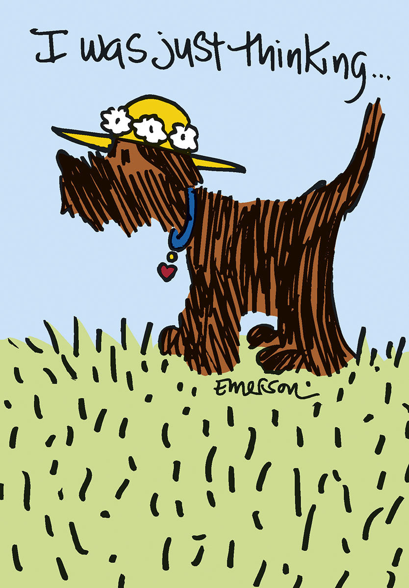 Cute Scottie dog greeting card front featuring a cartoon Scottish Terrier wearing a yellow straw hat with white flowers and a blue collar with a red heart tag, standing in green grass under a light blue sky with the text 'I was just thinking...'