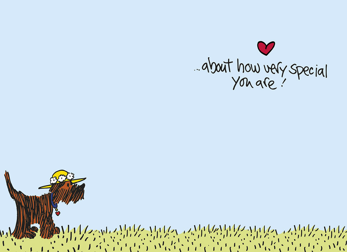 Inside of a heartfelt greeting card displaying a cartoon Scottie dog looking at the message '...about how very special You are!' written in a playful script, with a small red heart icon, on a light blue background with green grass.